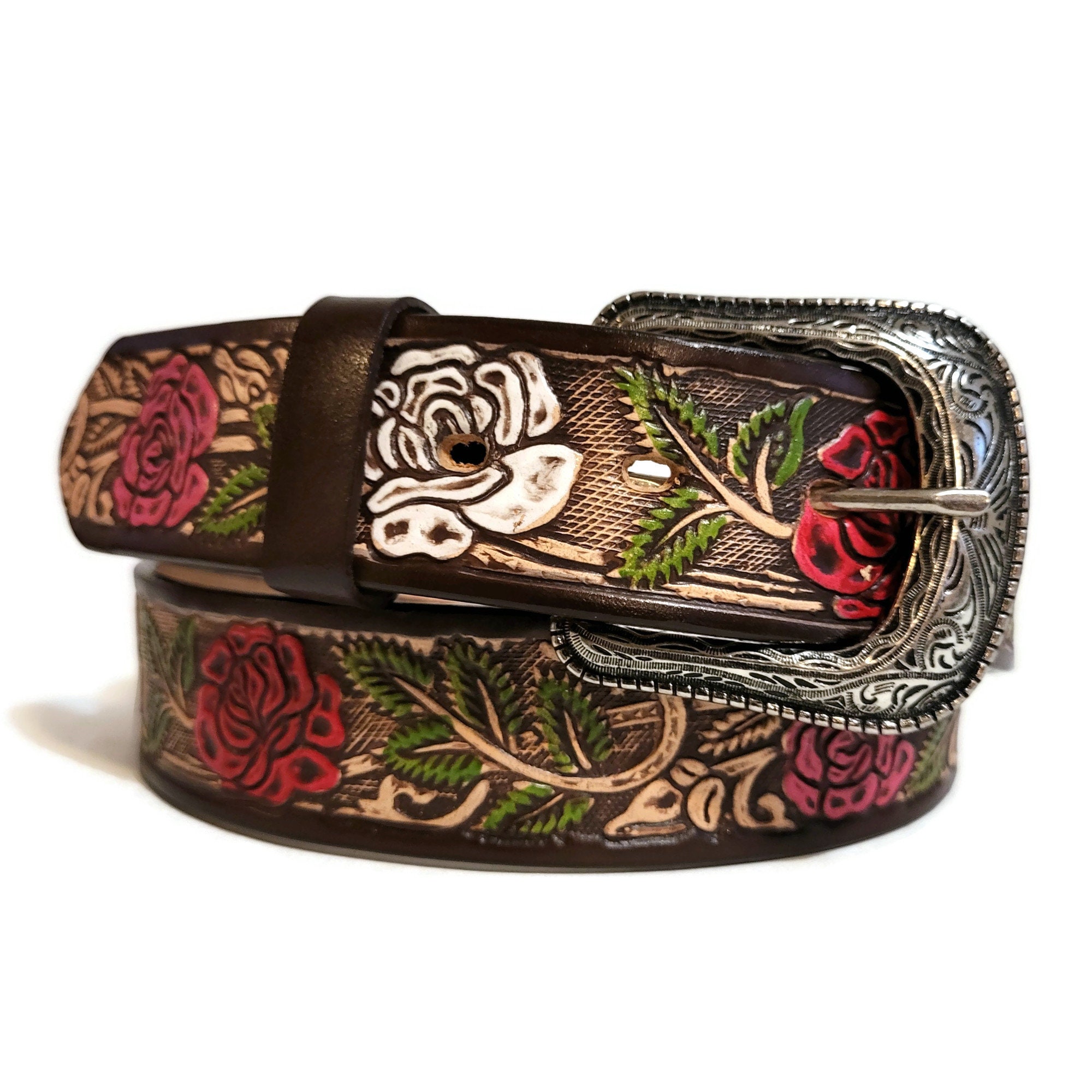 Embossed Leather Floral Belt: Handmade Cowhide Rose Design  display picture 3