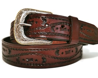 Brown Western Leather Belt for Men Hand Tooled Cowboy Rodeo Belt