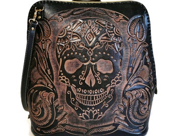 Leather  BAG BACKPACK for Women  , Handmade, Hand Tooled Leather ,  Black  , Womens Backpack, Genuine Leather, Skull bag, Gift for Her
