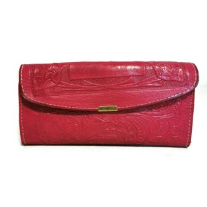 Portefeuille en cuir rose pour femme, gaufré, pour cartes, grand portefeuille avec fermeture à glissière, portefeuille bohème bohème fait main avec du cuir véritable