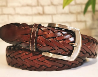 Handmade Braided Leather Belt: Brown Cowhide Belt for Men