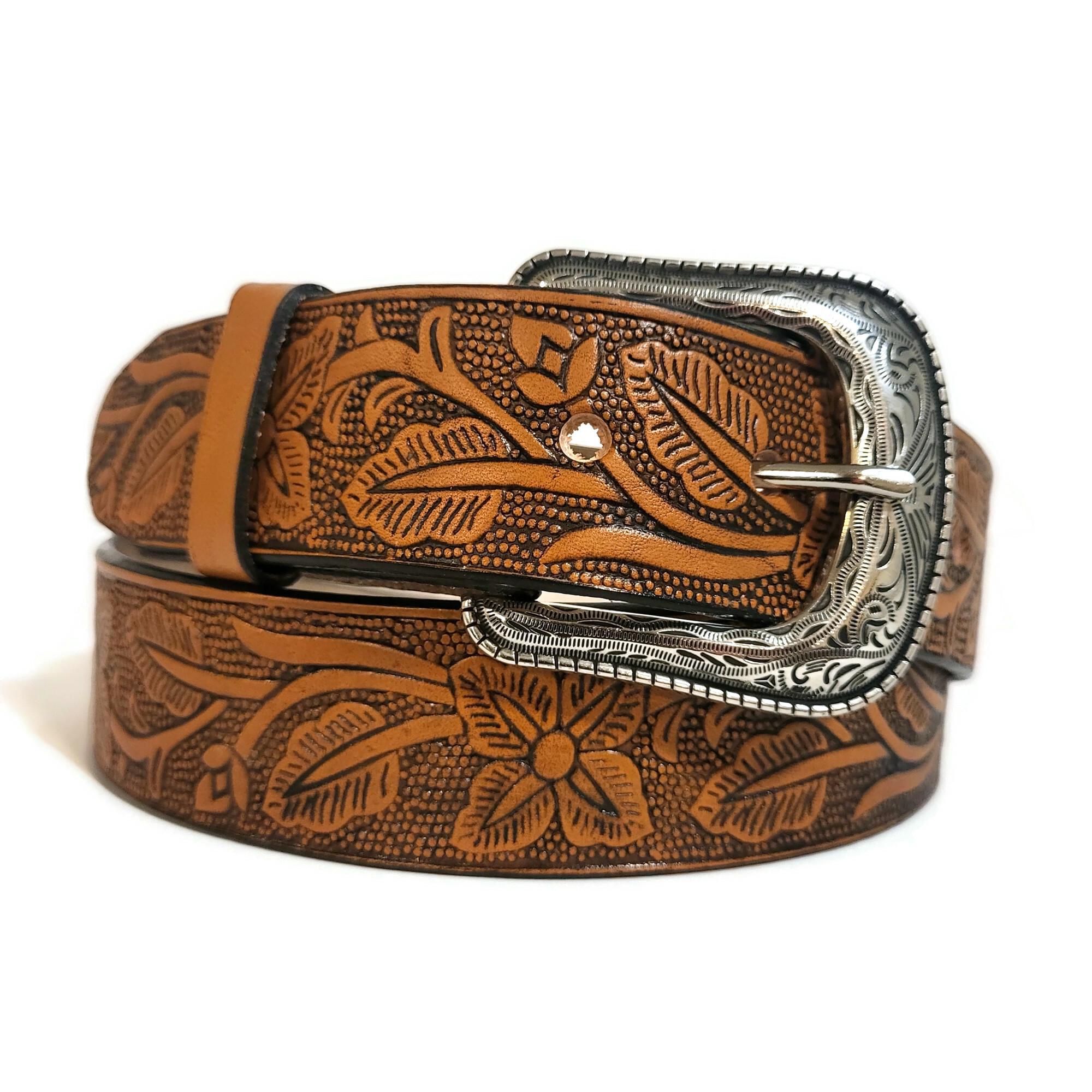 Women’s UNBRANDED Boho Western Rodeo Embellished Brown Leather Belt ?L Woven Embossed Leather Belt Brass Buckle Western Rodeo  main image 2