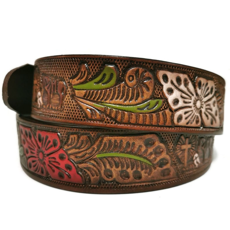 LEATHER BELT for WOMEN, Handmade, Western, Boho , With Removable Buckle, Brown , Embossed, Bohemian, Gift for Her image 3