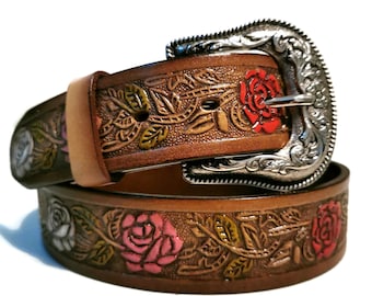 LEATHER BELT for WOMEN, Handmade, Western, Boho , Roses , Brown, Vintage With Removable Buckle