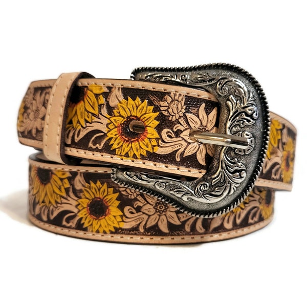 LEATHER BELT for WOMEN, Handmade, Western, Boho , With Removable Buckle, Brown , Belt with Sunflower, Embossed, Bohemian, Gift for Her