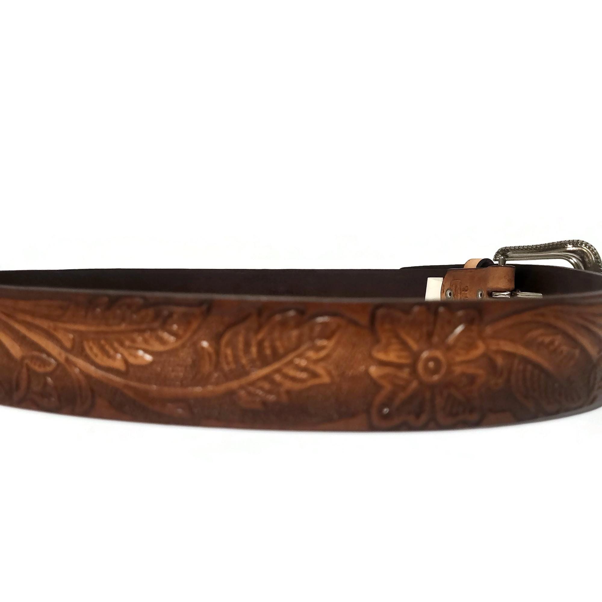 Brown Leather Belt for Women Floral Embossed Boho Rodeo  display picture 1