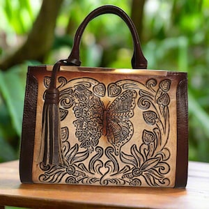 Hand Tooled Leather Shoulder Bag: Butterfly Carved Boho Purse