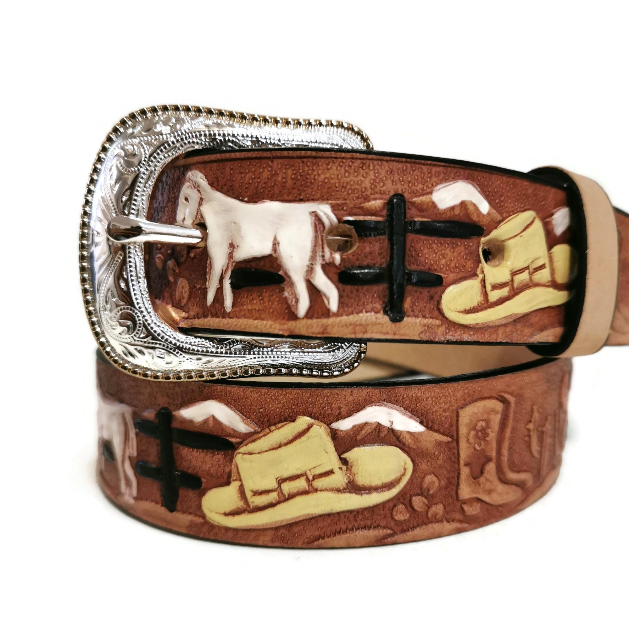 Elto White And Gold Kids Western Cowboy Belt With Designs, Mexico Made  Leather