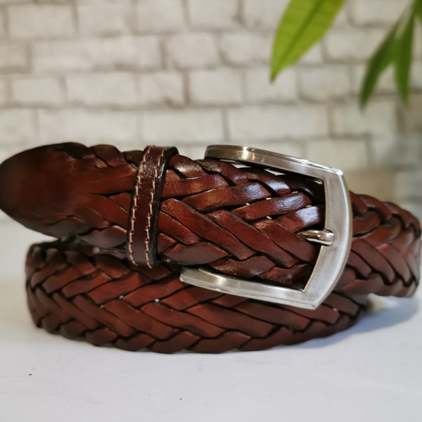 Leather Belt Handmade, Braided Leather Belt, Brown belt , Genuine Leather Belt, Real Leather Belt, Casual Belt, Gift for Him
