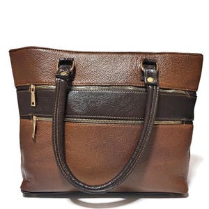 Handmade Leather Work Tote Bag: Brown Cowhide Shoulder Bag with Zipper
