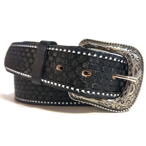 Embossed Western Cowboy Belt, Black Genuine Leather Snap  display picture 2