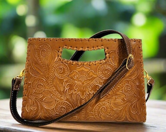 Hand Tooled Leather Shoulder Bag: Rodeo Retro Vintage Style