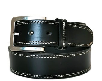 Handmade Full Grain Black Leather Belt: Stitched Design, Metal Buckle