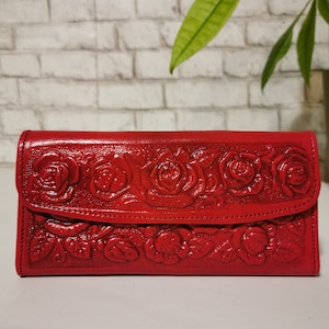 Portefeuille en cuir pour femme, Pour cartes, style bohème, fait main avec du cuir véritable, portefeuille floral en relief, portefeuille avec fermeture éclair, cadeau pour fille