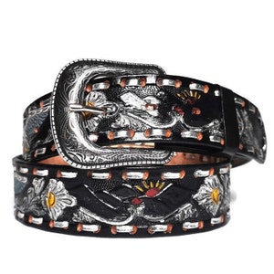 Rodeo  Black Belt for Women Handmade  with  Genuine LeatherCowgirl  Gift for Girls , Retro Vintage Belt  Boho Embossed Floral belt