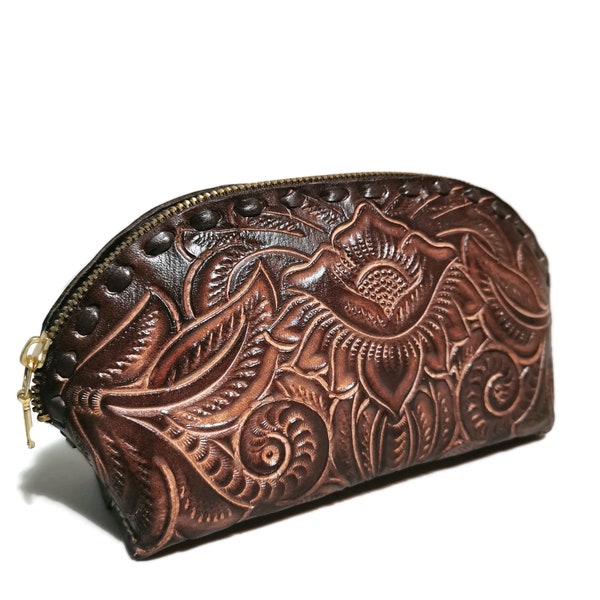 COSMETIC BAG For Women, LEATHER , Makeup Bag,  Cosmetic Pouch, Hand tooled Leather