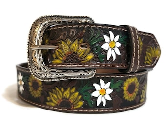 Brown Leather belt for women,   sunflower belt, handmade leather belt, genuine leather, casual belt , gift for her