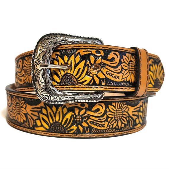 Sunflower embossed handmade leather belt Ranger Men main image 4