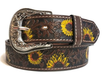 Brown Leather belt for women,   sunflower belt