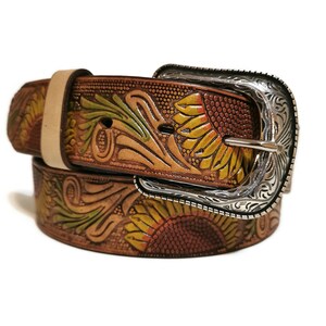 LEATHER BELT for WOMEN, Handmade, Western, Boho , With Removable Buckle, Brown , Belt with Sunflower, Embossed, Bohemian, Gift for Her