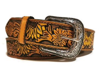 LEATHER BELT for WOMEN, Handmade, Western, Boho , With Removable Buckle, Brown , Belt with Sunflower, Embossed, Bohemian, Gift for Her