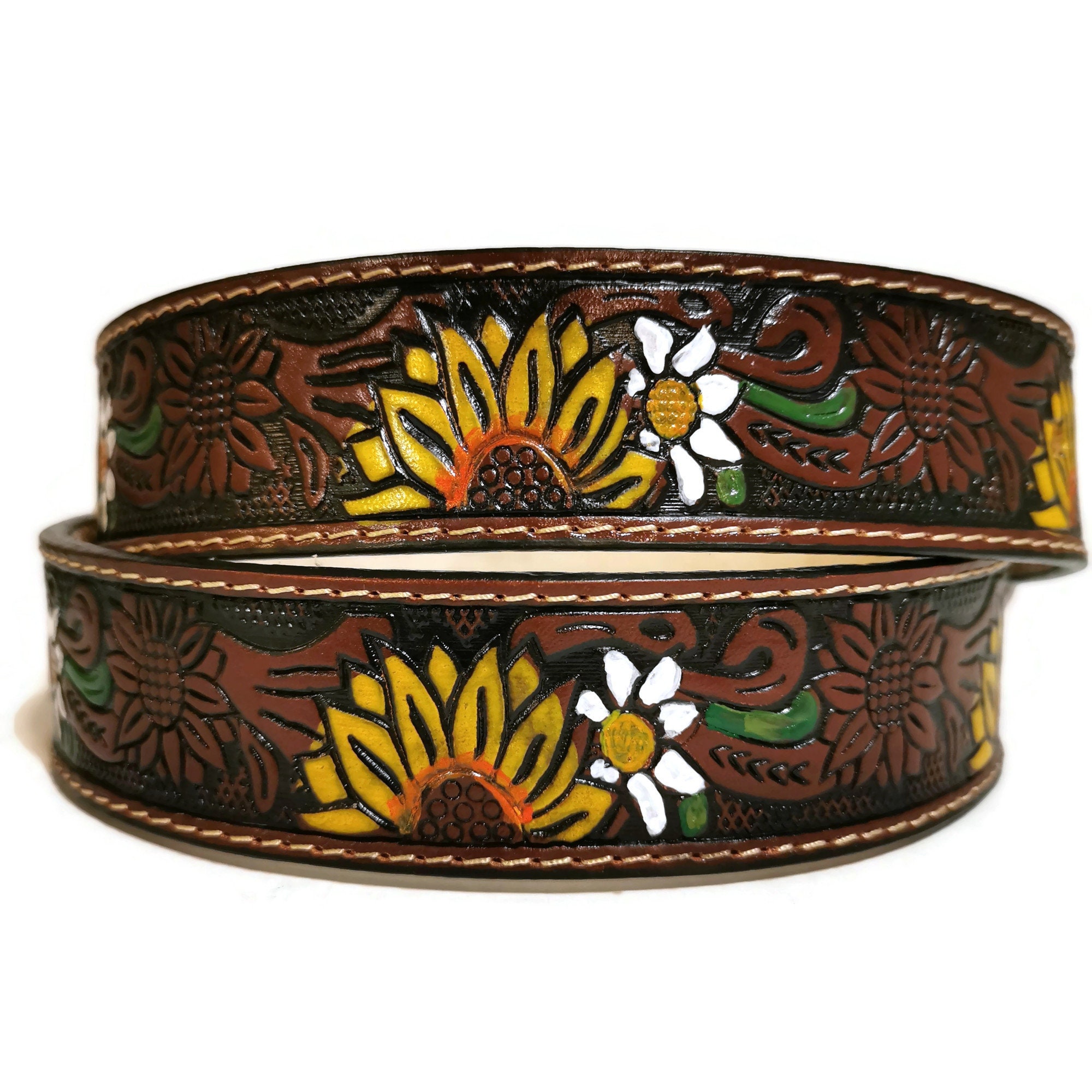 Vintage Gold Tone Sunflower Woven Leather Boho Bohemian Belt One Size Boho Sunflower Embossed Leather Belt: Removable Buckle  main image 4
