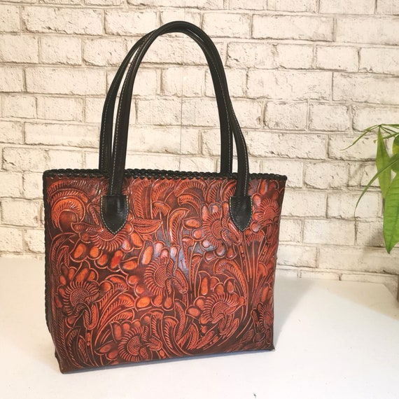 WOMEN'S BAG Tote LEATHER Handbag Brown Hand Tooled | Etsy