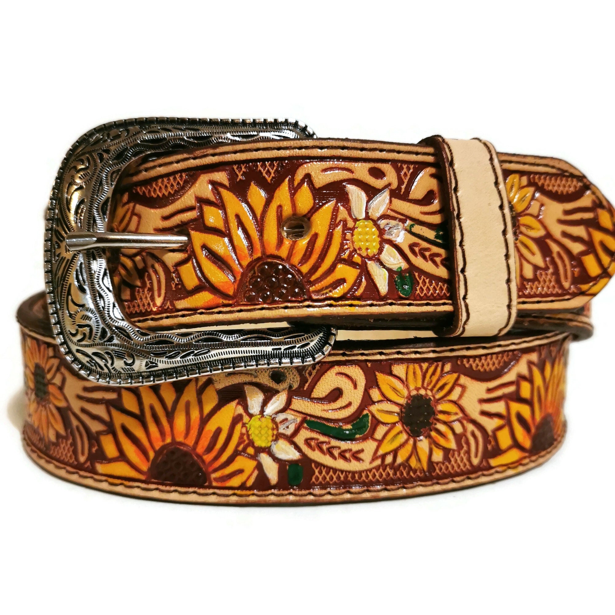 Embossed Sunflower Leather Belt: Western Boho Rodeo Style 