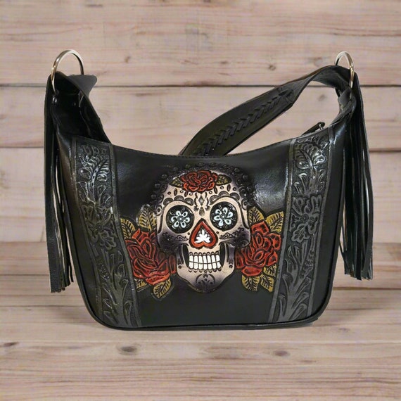 Hand Tooled Leather Skull Bag: Handmade Cowhide Shoulder Bag  display picture 3