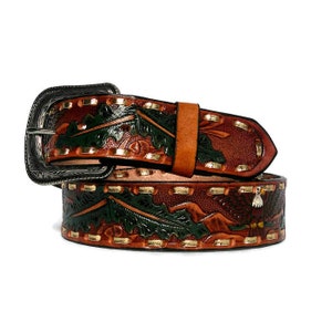 Western Belt for Men Handmade with Genuine Leather Cowboy  Rodeo Belt  for Jeans  Brown  Gift for Rodeo Goer