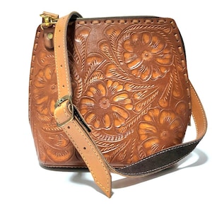 Hand Tooled Leather Shoulder Bag: Brown Cowgirl Boho Bag