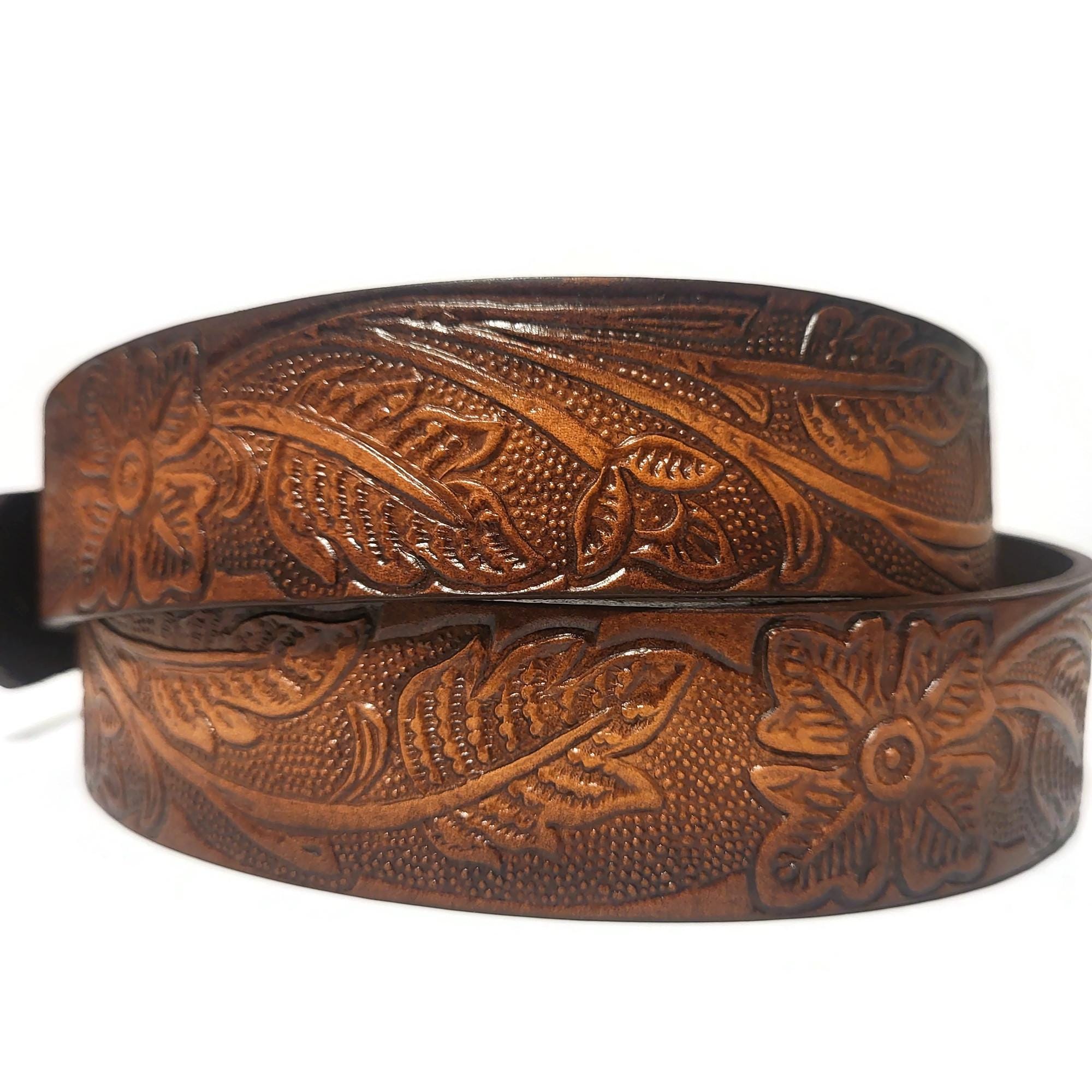 Brown Leather Belt for Women Floral Embossed Boho Rodeo  display picture 2
