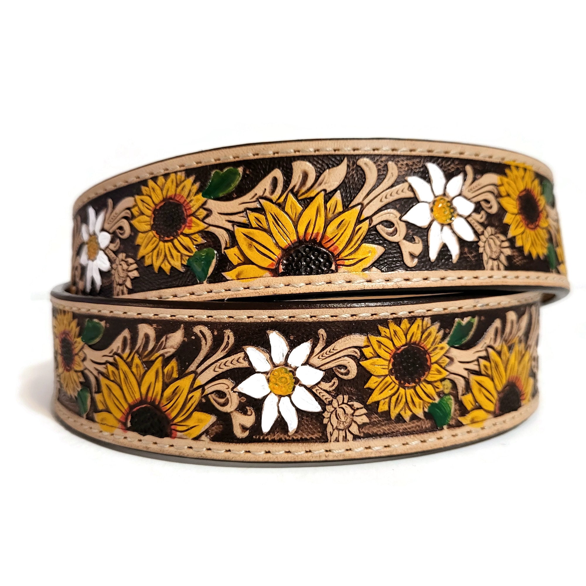 Embossed Sunflower Leather Belt: Western Boho Style With 