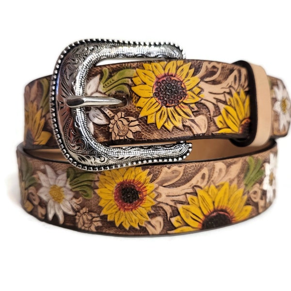 Leather Belt for girls, sunflower, Handmade, Children Belt, belt for kids