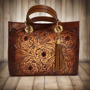 Hand-Tooled Leather Satchel: Western Carved Crossbody Bag