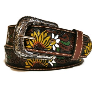 Boho Sunflower Embossed Leather Belt: Removable Buckle, Western Style
