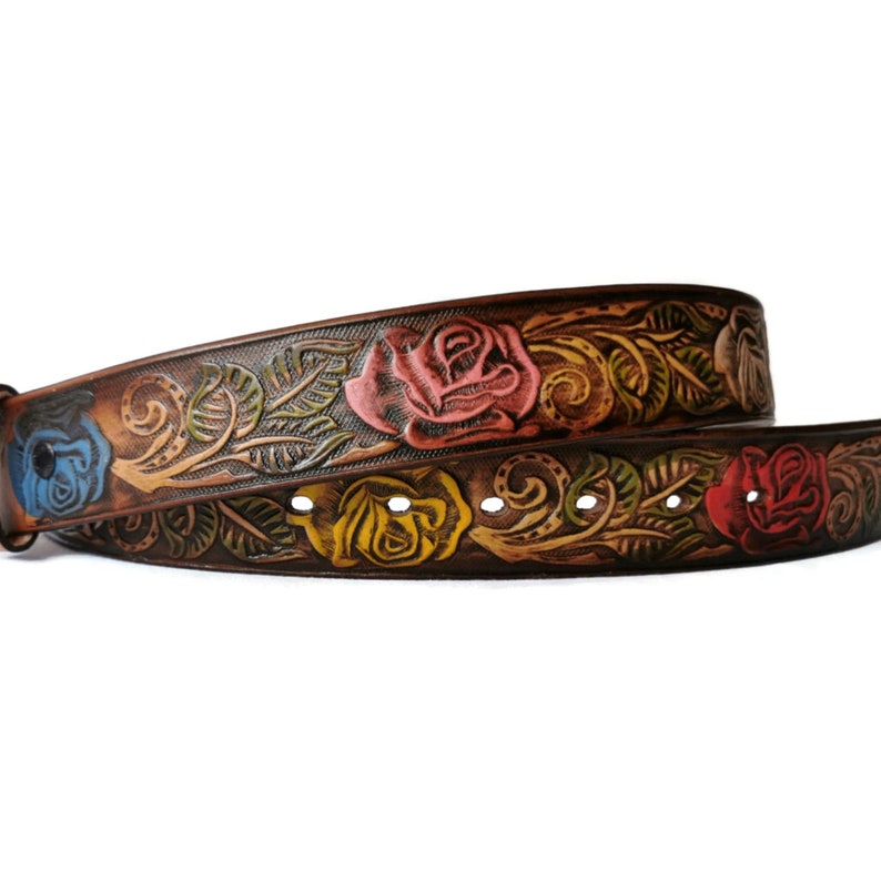 Gift for Her With Removable Buckle Bohemian Boho Embossed Western Brown LEATHER BELT for WOMEN Handmade Belt with Roses