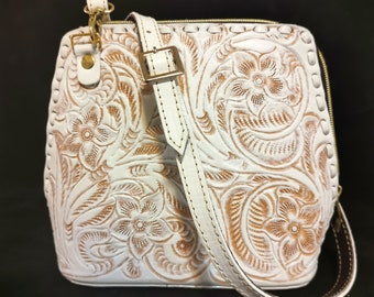 Small leather bag,  white, hand tooled leather