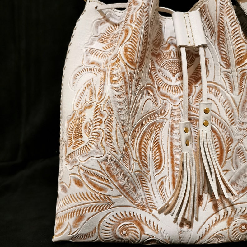 Hand Tooled Leather Women/'s Bag Gift for Her white Bohemian Boho Handmade