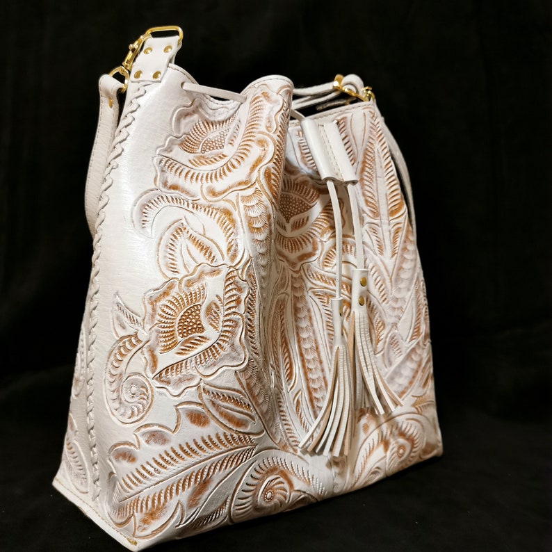 Hand Tooled Leather Women/'s Bag Gift for Her white Bohemian Boho Handmade