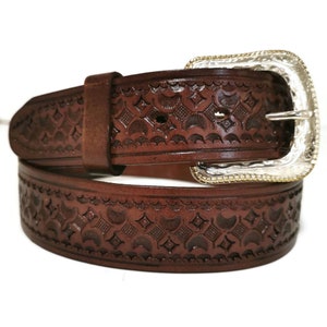 Handmade Brown Leather Belt: Western Tooled Design, Cowboy Rodeo Gift