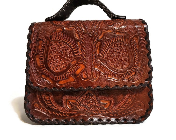 Hand Tooled Leather Bag for women ,  brown leather purse,Gift for Her