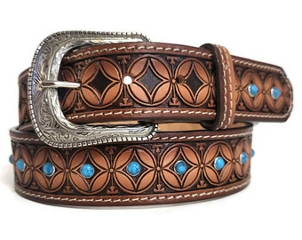 LEATHER BELT for WOMEN, Handmade, Western, With Removable Buckle, Brown , Embossed, Gift for Her