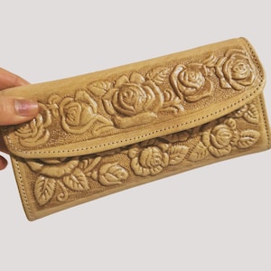 Portefeuille en relief, vintage rétro rodéo, cadeau rodéo pour maman, grand portefeuille, cuir véritable, cadeaux rodéo pour filles, portefeuille avec roses.