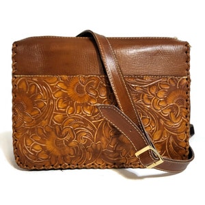 Hand Tooled Leather Shoulder Bag: Floral Carved Boho Purse