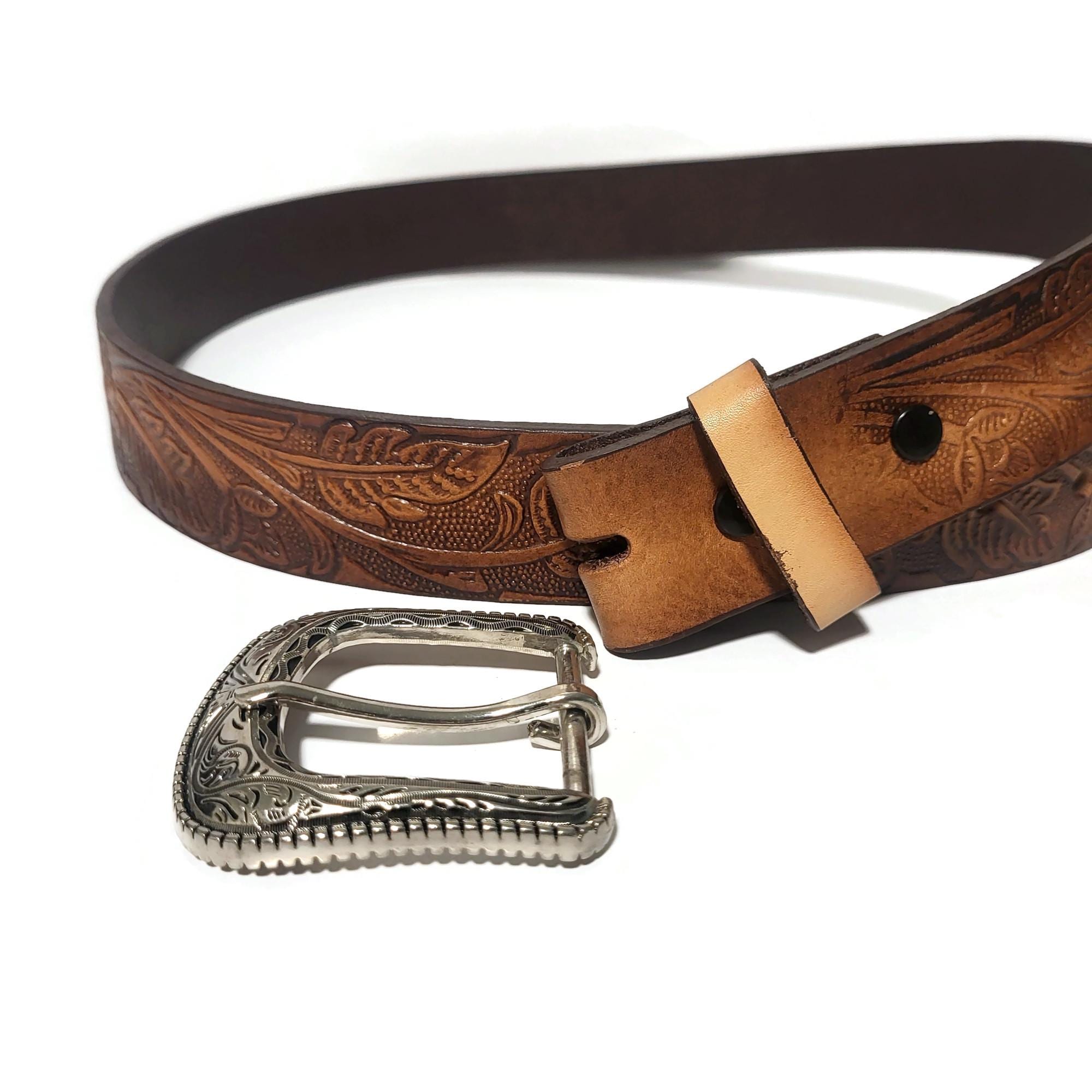 Brown Leather Belt for Women Floral Embossed Boho Rodeo  display picture 3