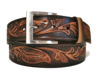 Leather Belts for Men , Brown Belt, Handmade, Mens Belt , Embossed Belt, with Removable buckle