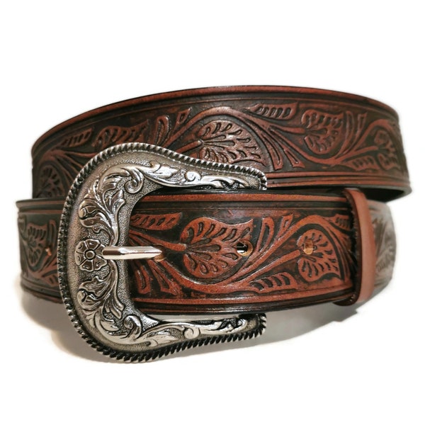 LEATHER BELT for WOMEN, Handmade, Western, Boho , With Removable Buckle, Brown ,  Embossed, Bohemian, Gift for Her