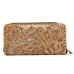 Portefeuille en cuir repoussé à la main pour femme, portefeuille Western Rodeo Boho fait main avec du cuir véritable, portefeuille pour cartes de crédit avec fermeture éclair