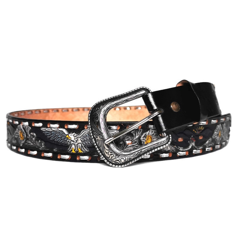 Handmade Black Leather Cowgirl Belt: Embossed Floral Western  display picture 1